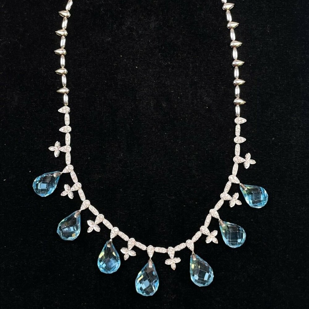 14K White Gold Diamond Blue Topaz Dangle 17" Swiss Necklace 42.9g (R039)